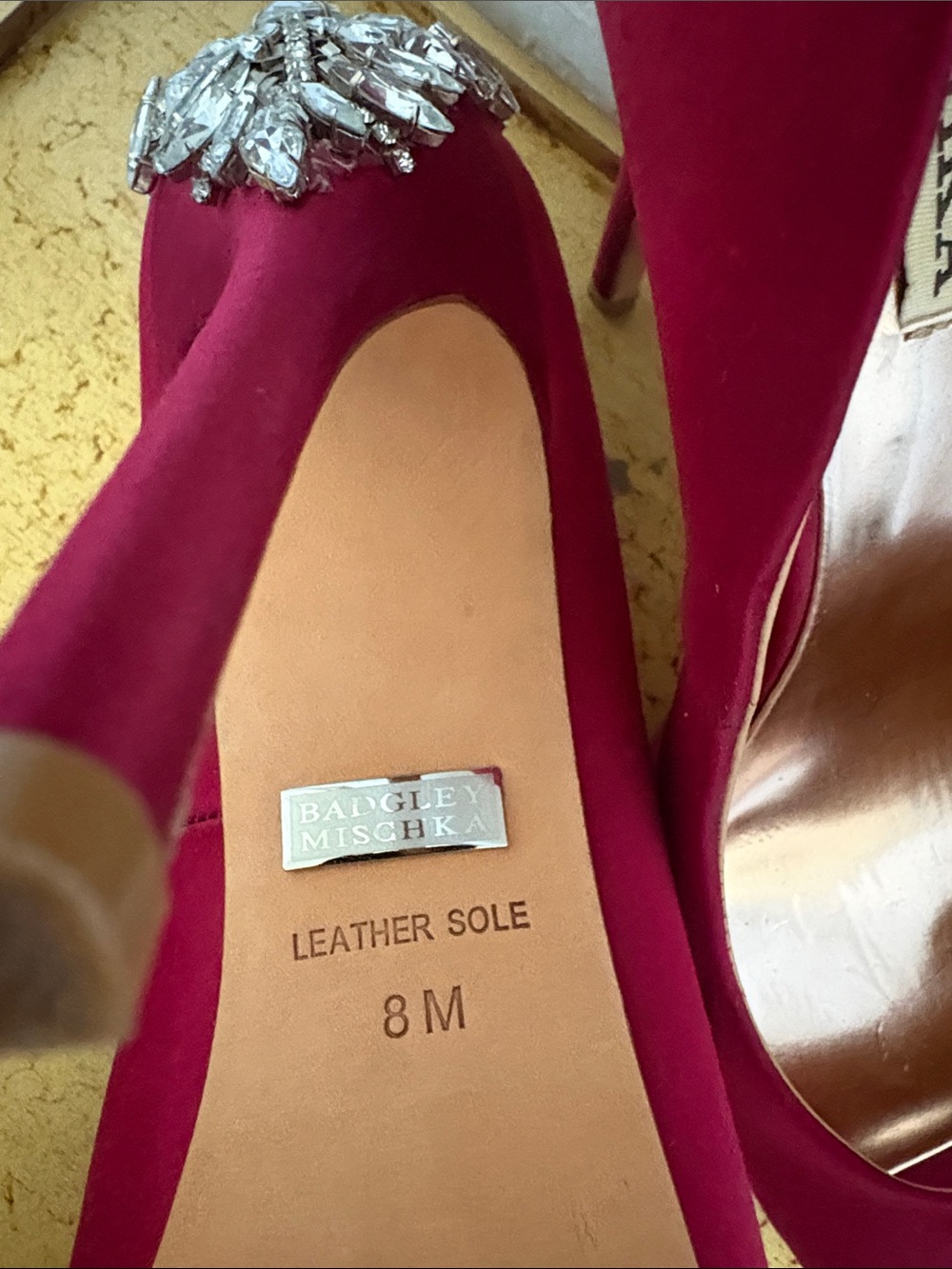Badgley Mischka Designer Fuchsia Satin Jeweled Peep-Toe Pumps 4 inch heel - Picture 5 of 5